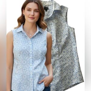 Talbots Blue Geometric Print  Sleeveless Blouse - Wrinkle Resistant - Size 6